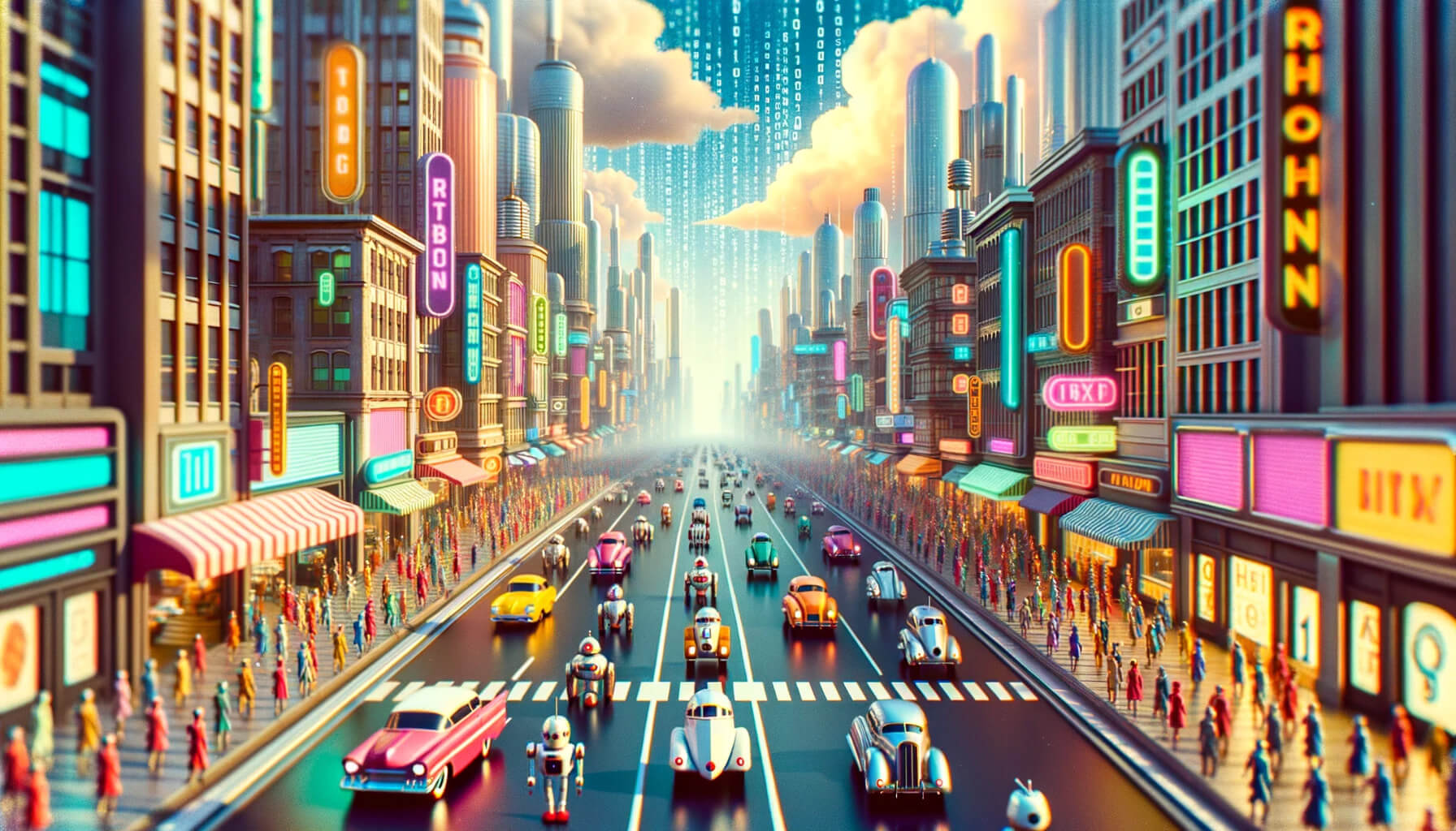 A vivid and bustling retro-futuristic cityscape filled with vintage-style robots and cars. Neon signs adorn the buildings, illuminating the streets where colorful crowds of people and robots coexist and interact, creating a harmonious blend of past and future aesthetics.
