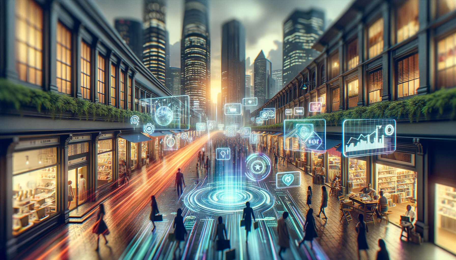 A vibrant and futuristic cityscape at sunset, with holographic data and icons overlaying the scene. People walk through a marketplace, surrounded by holograms of technological and financial symbols, while streaks of light suggest a dynamic and digital atmosphere.