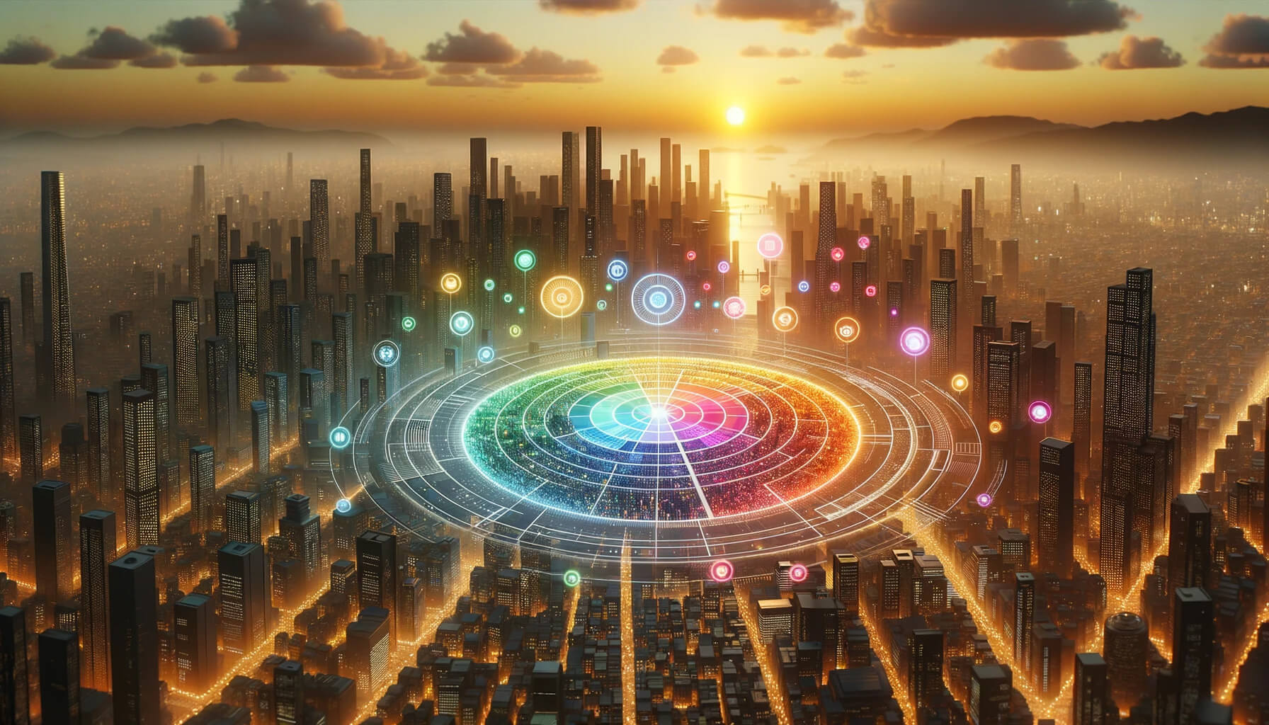 A breathtaking view of a futuristic city during twilight, illuminated by neon lights. Multicolored, radiant circles emanate from a central point, intertwining with the city's advanced architecture, symbolizing a network of interconnected data and technological optimization.