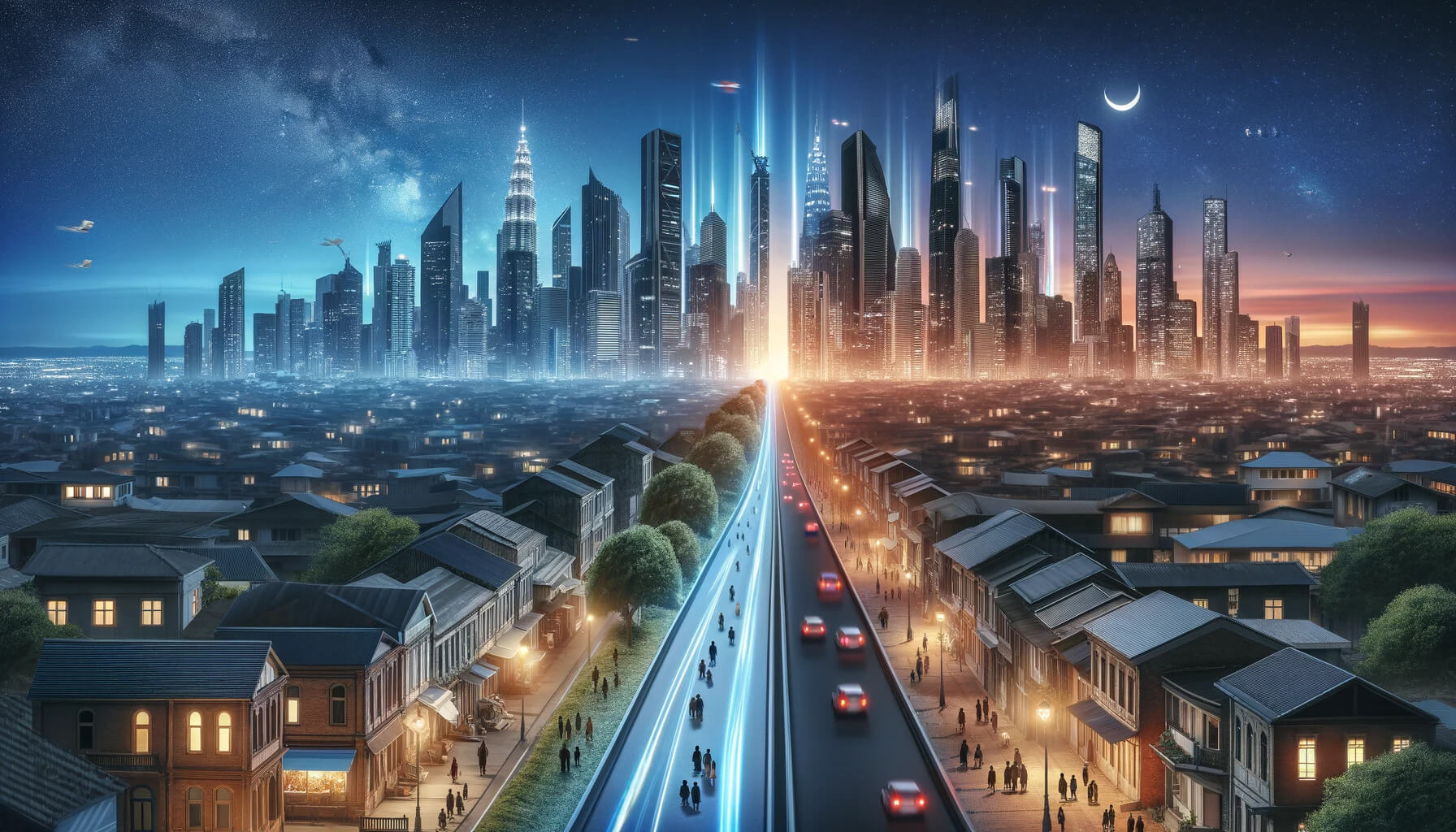 Cityscape evolves from old to new, from night to dawn, showing small traditional buildings and vehicles transitioning to large skyscrapers and flying vehicles, with tiny figures symbolizing the journey of business leaders through digital transformation.