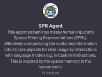 Screenshot of SPR Agent info text with logo, a tool for streamlining human input into Sparse Priming Representations (SPRs), with a description of its function.
