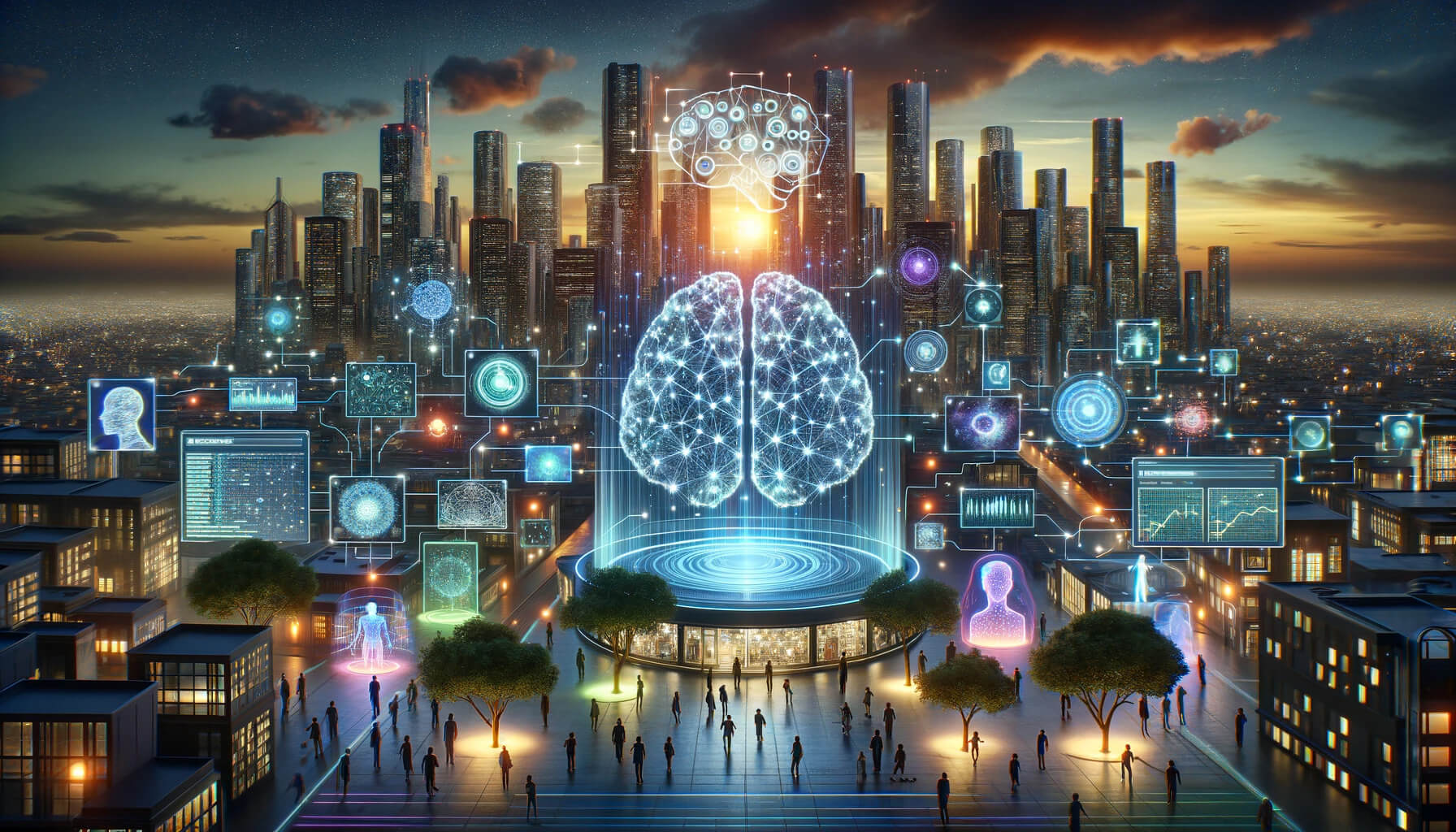 Panoramic futuristic urban skyline at dusk with holographic brain projection and Large Language Model concept visualization, featuring interconnected nodes and human silhouettes.