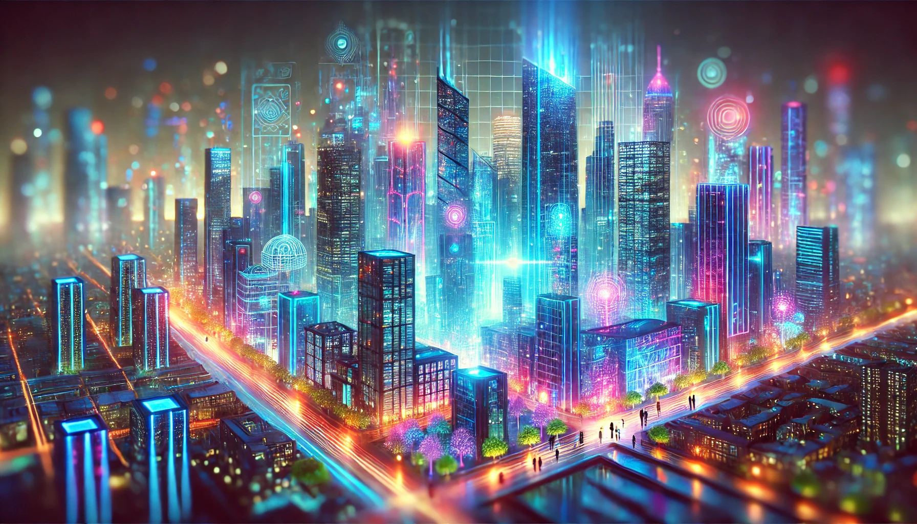 Futuristic cityscape featuring glowing skyscrapers with holographic accents and neon lighting in vivid blues, purples, and greens. The image captures advanced urban architecture with a tilt-shift effect, giving depth and emphasizing scale. Tiny figures walk in the foreground, creating a sense of human connection amid the vibrant, high-tech surroundings. The scene has dynamic energy and forward-looking atmosphere, symbolizing human progression and interconnectedness in a technologically advanced future.